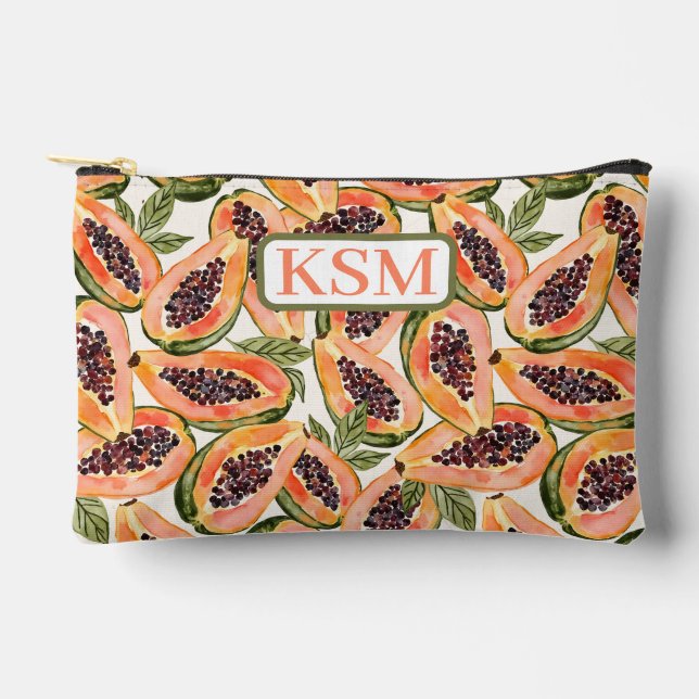 Papaya Fruit Watercolor Monogram Accessory Pouch (Front)