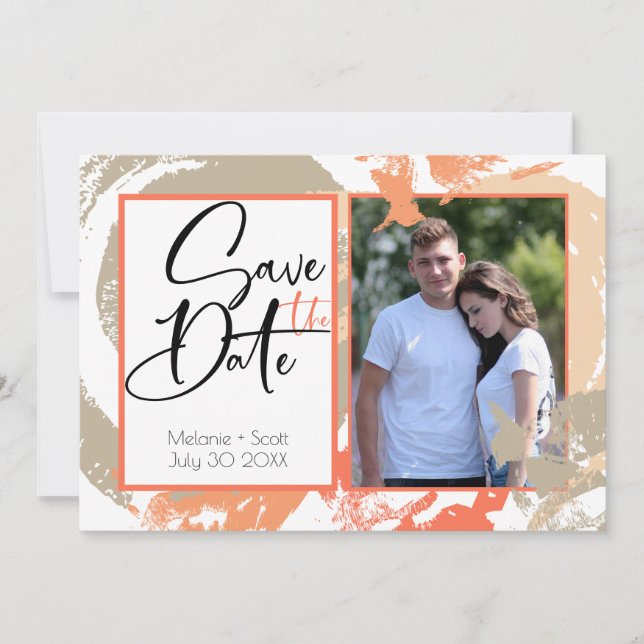 Papaya Orange Abstract Brush Strokes Save the Date Invitation (Front)