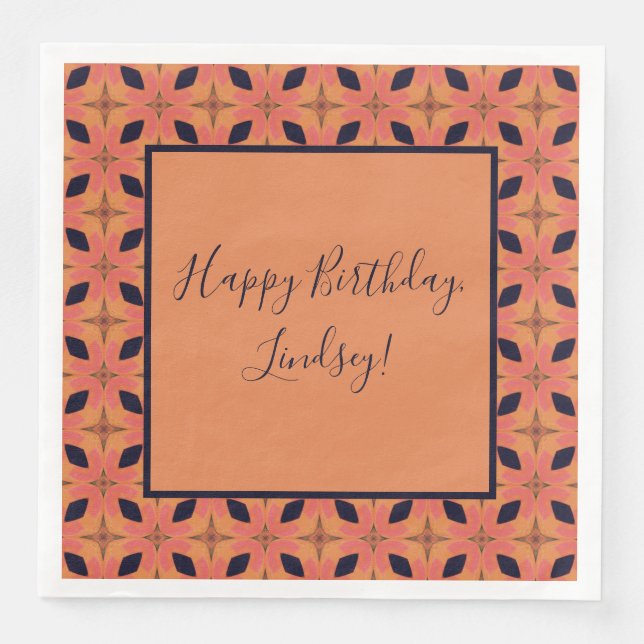 Papaya Orange and Black Retro Tropical Pattern Paper Dinner Napkins (Front)