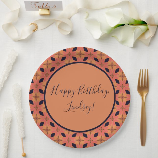 Papaya Orange and Black Retro Tropical Pattern Paper Plates (Wedding)