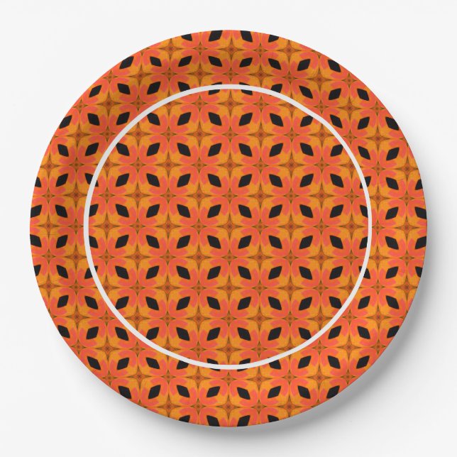 Papaya Orange and Black Tropical Pattern  Paper Plates (Front)