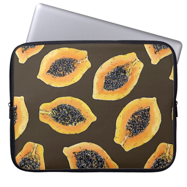 Papaya slices on dark brown laptop sleeve (Front)