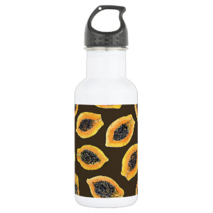 Papaya slices on dark brown stainless steel water bottle