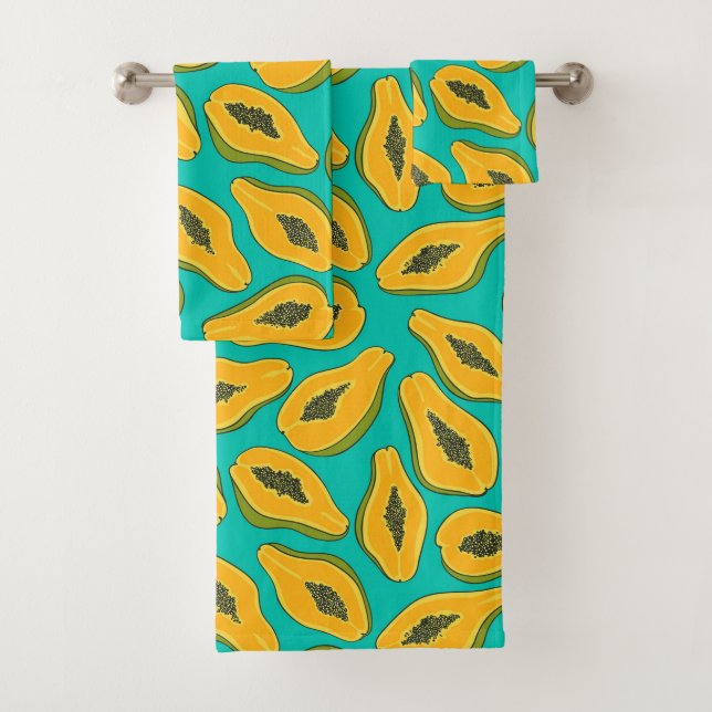 Papaya slices on turquoise bath towel set (Insitu)