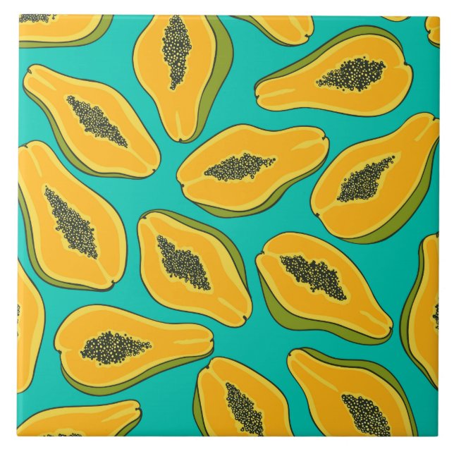 Papaya slices on turquoise ceramic tile (Front)
