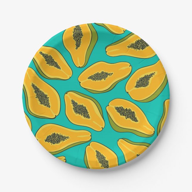 Papaya slices on turquoise paper plates (Front)