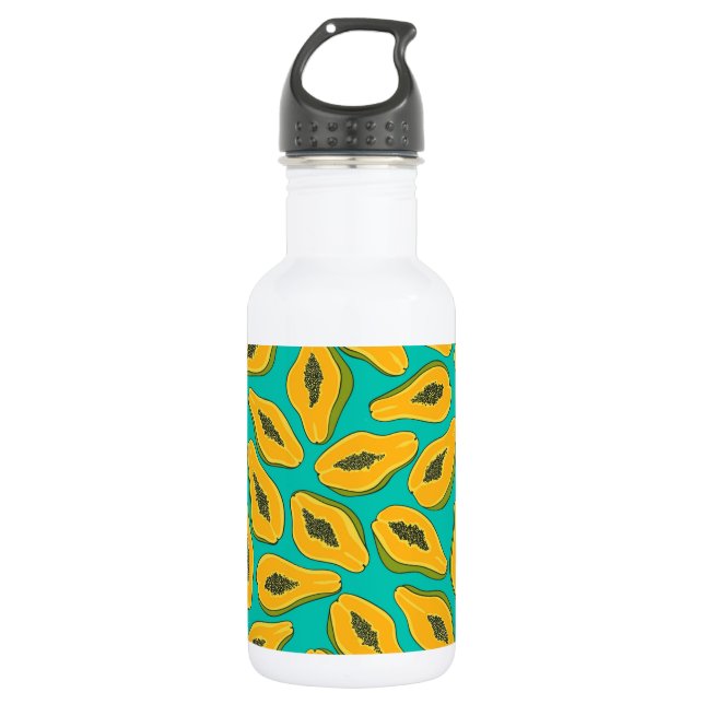 Papaya slices on turquoise stainless steel water bottle (Front)