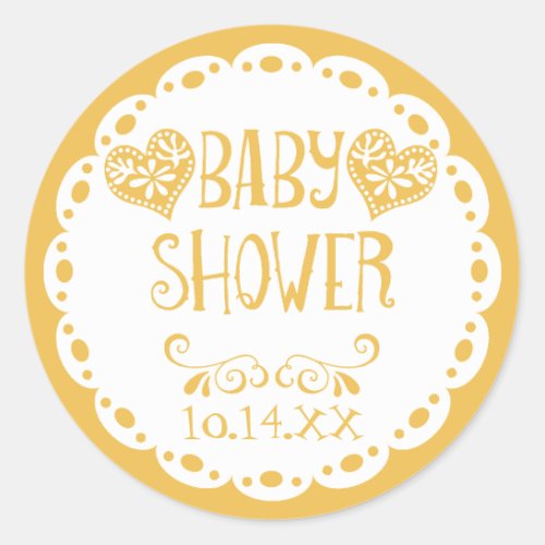 Papel Picado Baby Shower Mustard Fiesta Envelope Classic Round Sticker