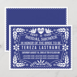 Papel picado birds dark blue wedding bridal shower invitation