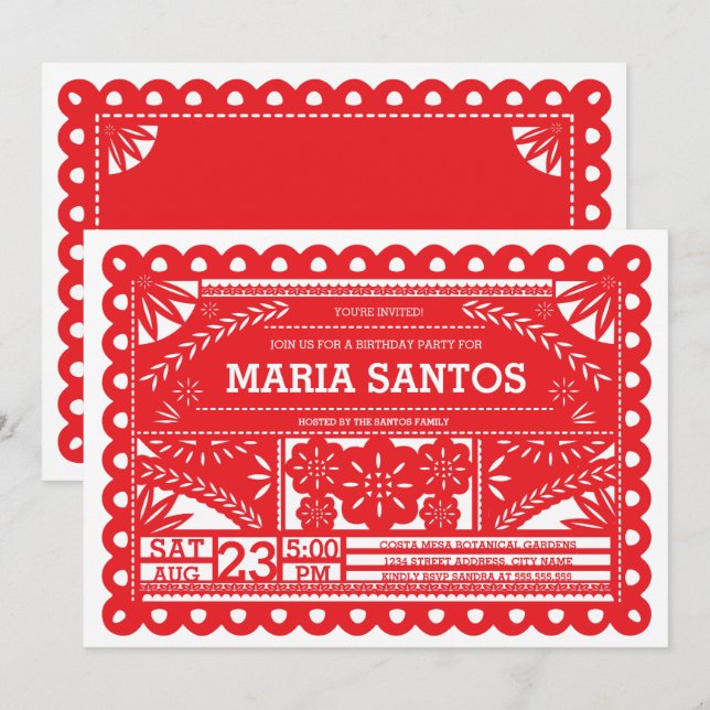 Papel Picado Birthday Party Invite - Red (Front/Back)