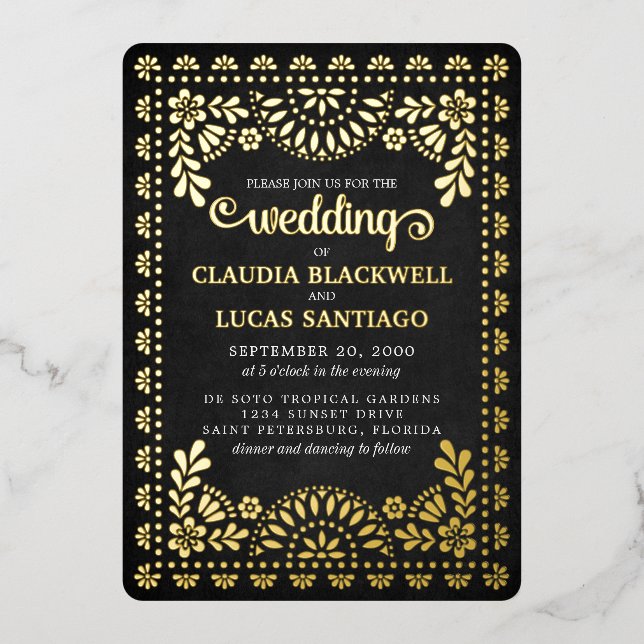 Papel Picado Black Wedding Foil Invitation (Front)