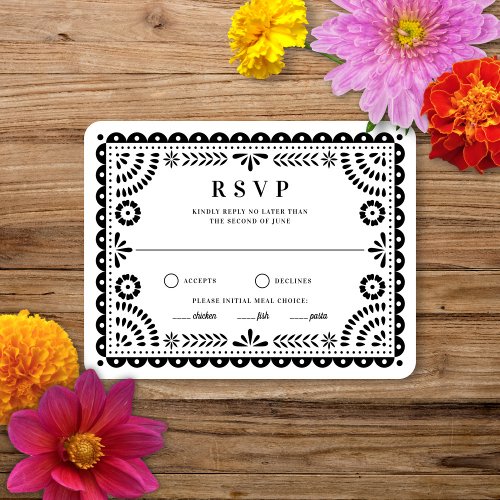 Papel Picado Black White | Wedding Reply RSVP Card
