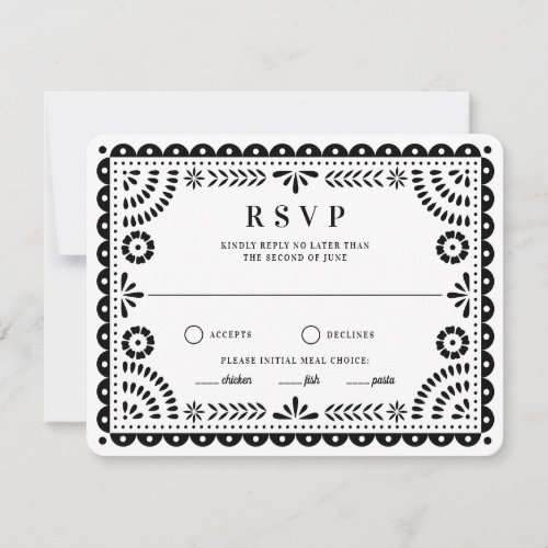 Papel Picado Black White  Wedding Reply RSVP Card