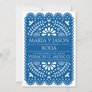 Papel Picado Blue Folk Art Boda Spanish Wedding Invitation