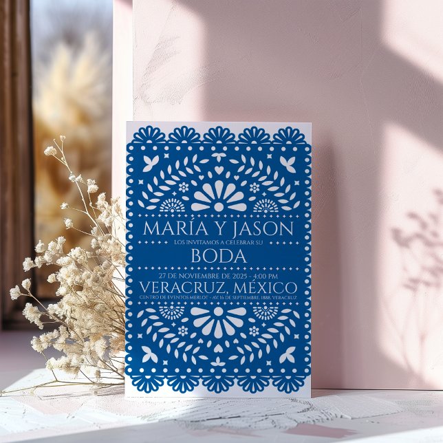 Papel Picado Blue Folk Art Boda Spanish Wedding Invitation (Papel Picado Blue Folk Art Boda Spanish Wedding Invitation)