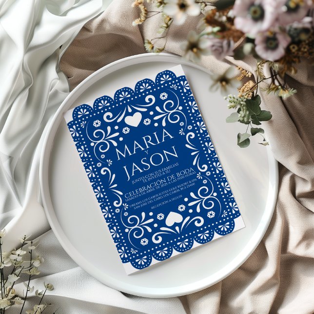 Papel Picado Blue White Folk Art Spanish Wedding Invitation (Papel Picado Blue White Folk Art Spanish Wedding Invitation)