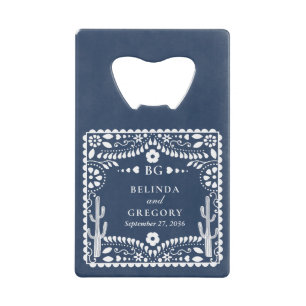 Papel Picado Boda Mexican Rustic Blue Wedding Credit Card Bottle Opener
