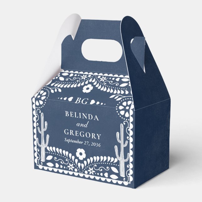 Papel Picado Boda Mexican Rustic Blue Wedding Favor Boxes (Front Side)