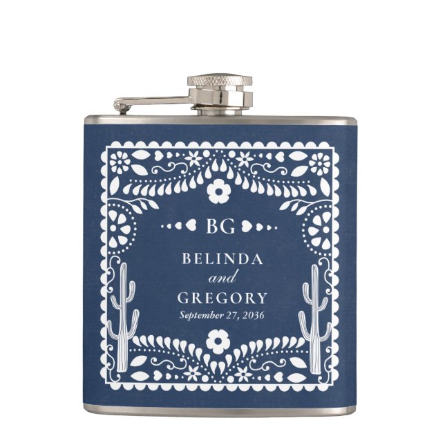 Papel Picado Boda Mexican Rustic Blue Wedding Flask (Front)