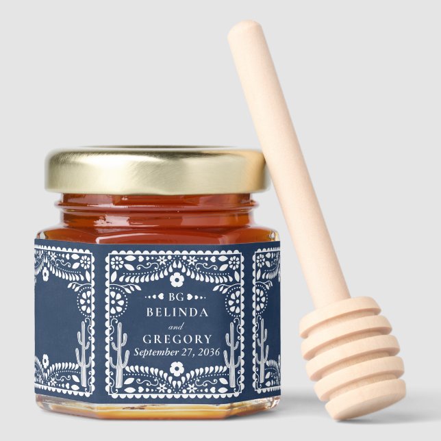 Papel Picado Boda Mexican Rustic Blue Wedding Honey Jar Favors (Front)
