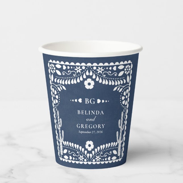 Papel Picado Boda Mexican Rustic Blue Wedding Paper Cups (Front)