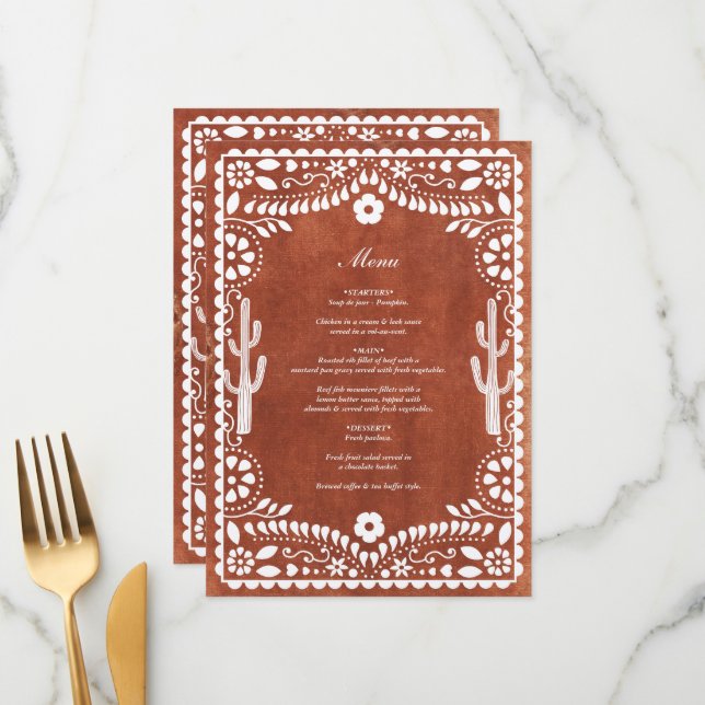 Papel Picado Boda Mexican Terracotta Brown Wedding Menu (Front/Back In Situ)