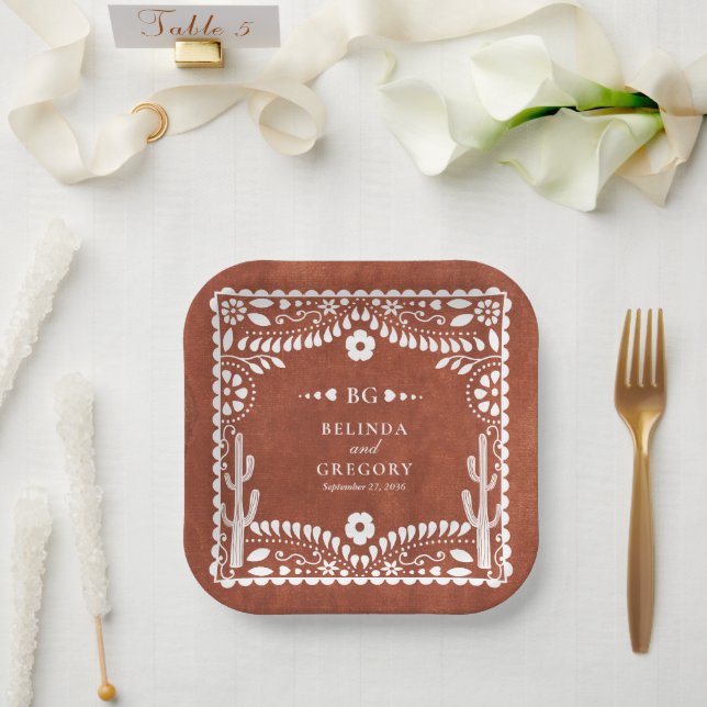 Papel Picado Boda Mexican Terracotta Brown Wedding Paper Plates (Wedding)