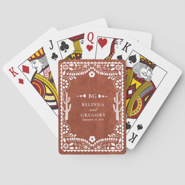 Papel Picado Boda Mexican Terracotta Brown Wedding Poker Cards (Back)