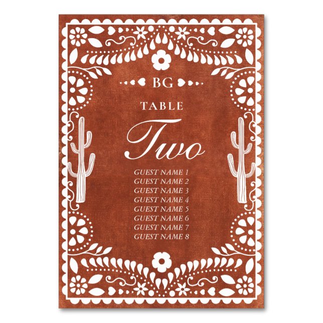 Papel Picado Boda Mexican Terracotta Brown Wedding Table Number (Front)