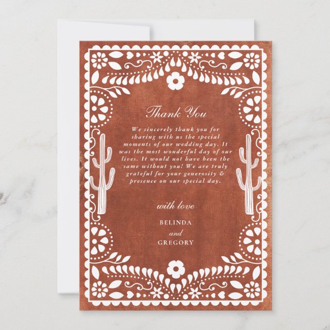 Papel Picado Boda Mexican Terracotta Brown Wedding Thank You Card (Front)
