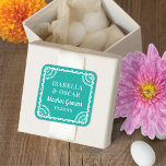 Papel Picado Bright Aqua Wedding Favor Sticker<br><div class="desc">This colorful wedding favor sticker features a papel picado inspired frame in white over an aqua blue background. The typography is simple yet elegant. All colors of this design are customizable by using the editor tool. See the collection for coordinating items!</div>