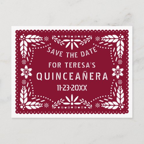 Papel picado burgundy QUINCEAERA Save the Date Announcement Postcard