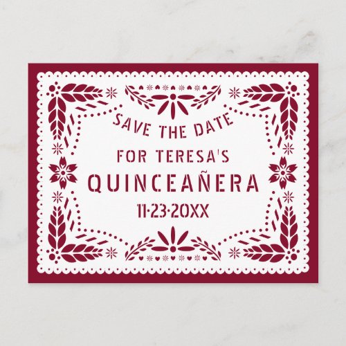 Papel picado burgundy QUINCEAERA Save the Date Announcement Postcard