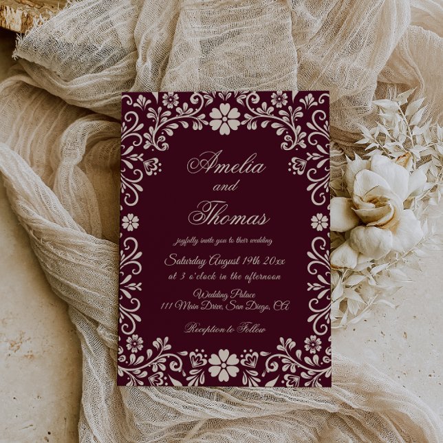 Papel Picado Burgundy Red Mexican Wedding  Invitation (Creator Uploaded)