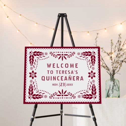 Papel picado burgundy red QUINCEAERA welcome sign