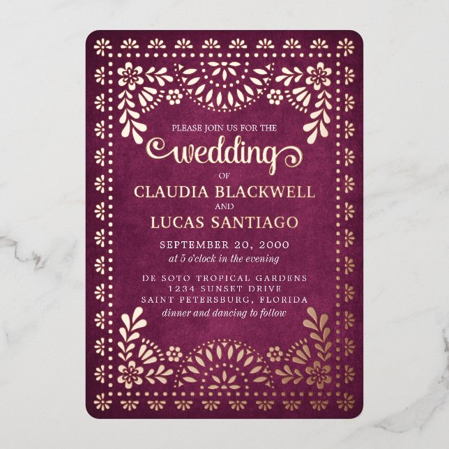 Papel Picado Burgundy Wedding Foil Invitation (Front)