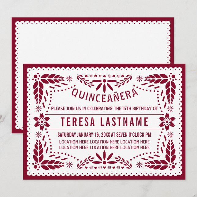 Papel picado burgundy, white Mexican Quinceañera Invitation (Front/Back)