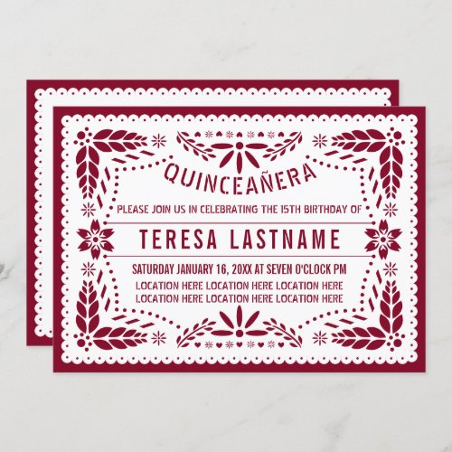 Papel picado burgundy white Mexican Quinceaera Invitation