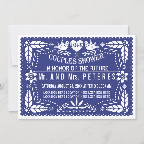 Papel picado dark blue wedding couples shower invitation