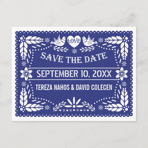 Papel picado dark blue wedding Save the Date Announcement Postcard