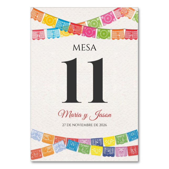 Papel Picado Elegant Colorful Boda Spanish Wedding Table Number (Front)