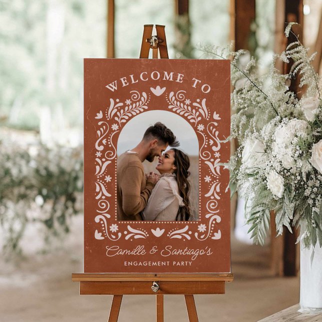 Papel Picado Fiesta Engagement Photo Welcome Sign (Mexican Papel Picado Engagement Party Welcome Sign)