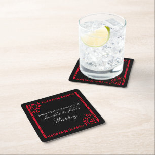Papel Picado Fiesta  Mexican Thank You Red Wedding Square Paper Coaster