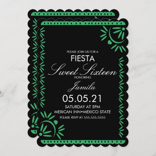 Papel Picado Fiesta Sweet 16 Mexican Scallop Green Invitation