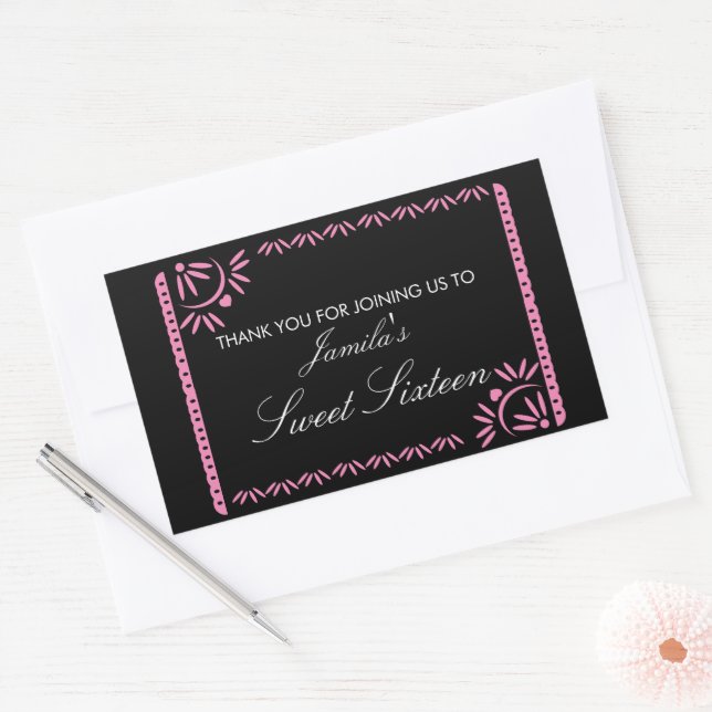 Papel Picado Fiesta Sweet 16 Mexican Scallop Pink Rectangular Sticker (Envelope)