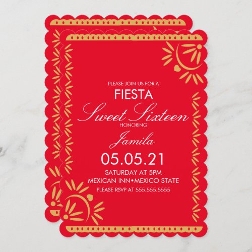 Papel Picado Fiesta Sweet 16 Mexican Scallop Red Invitation
