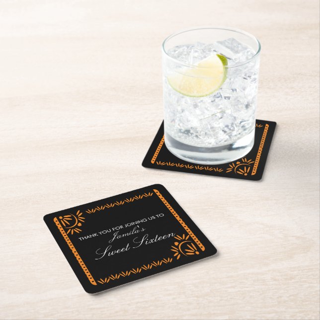 Papel Picado Fiesta Sweet 16 Mexican Thank You Squ Square Paper Coaster (Insitu)