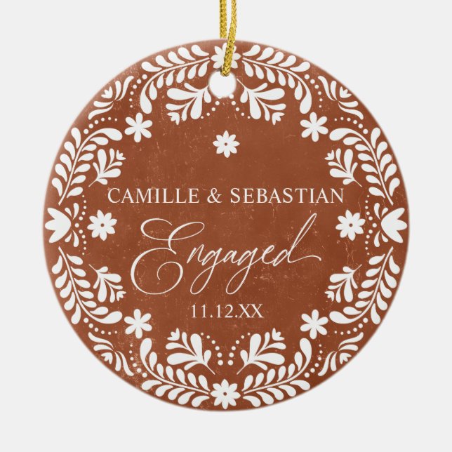 Papel Picado First Christmas Engaged Photo Ceramic Ornament (Front)