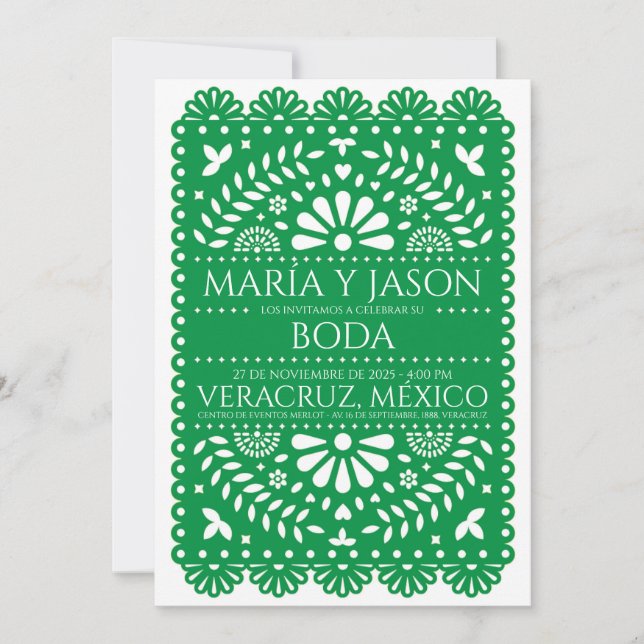 Papel Picado Green Folk Art Boda Spanish Wedding Invitation (Front)