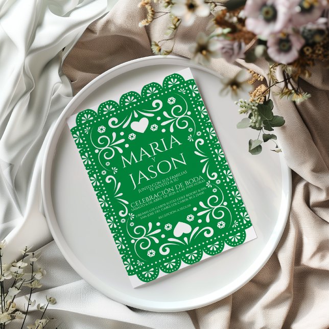 Papel Picado Green White Folk Art Spanish Wedding Invitation (Papel Picado Green White Folk Art Spanish Wedding Invitation)